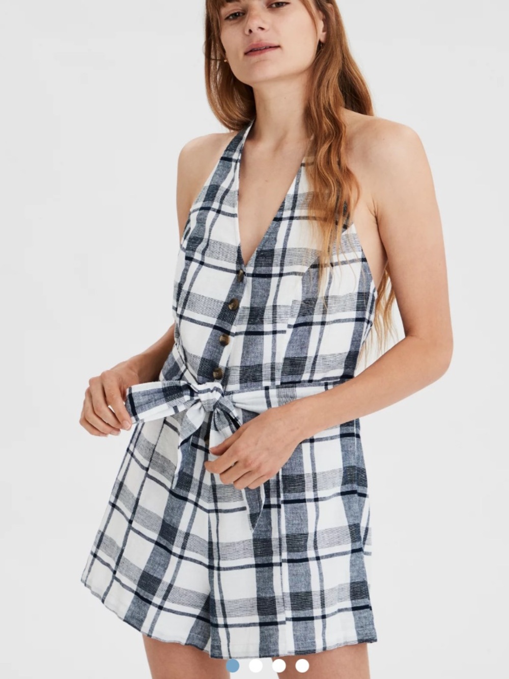 American Eagle Outfitters White and Navy Plaid Halter Romper NWT